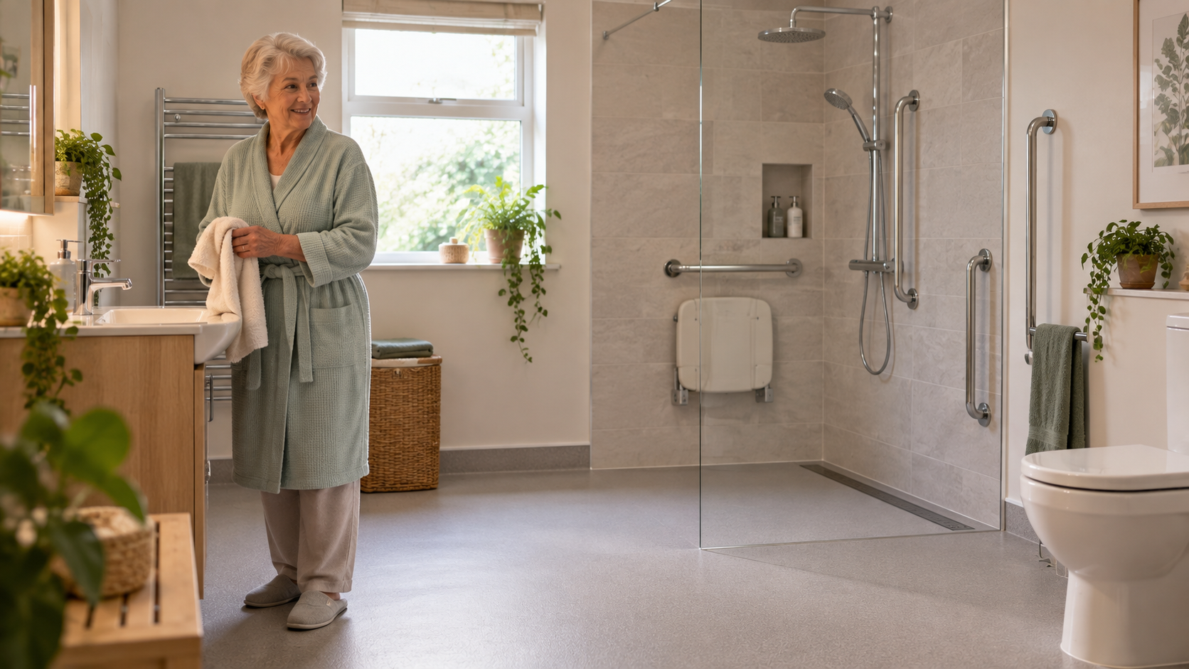 Accessible walk-in bathroom with level shower and grab rails