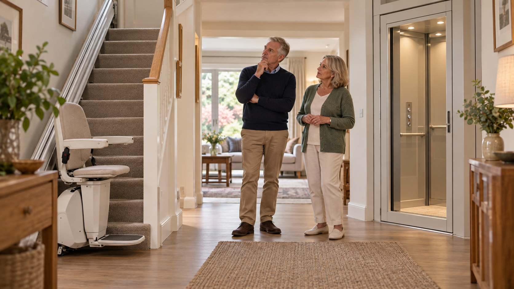 Older couple considering a stairlift and a home lift