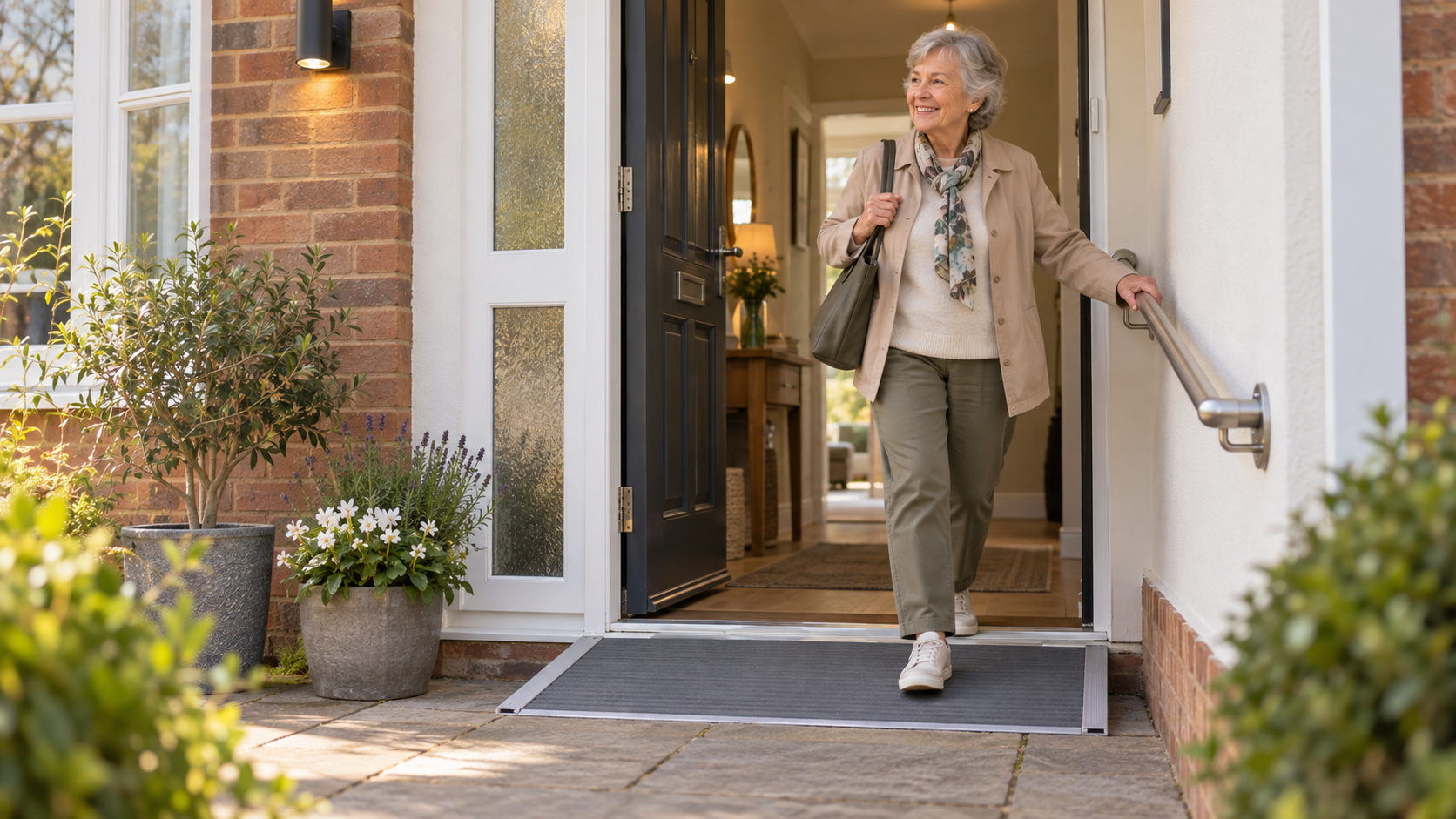 Older woman stepping through an accessible front entrance with handrail and threshold ramp