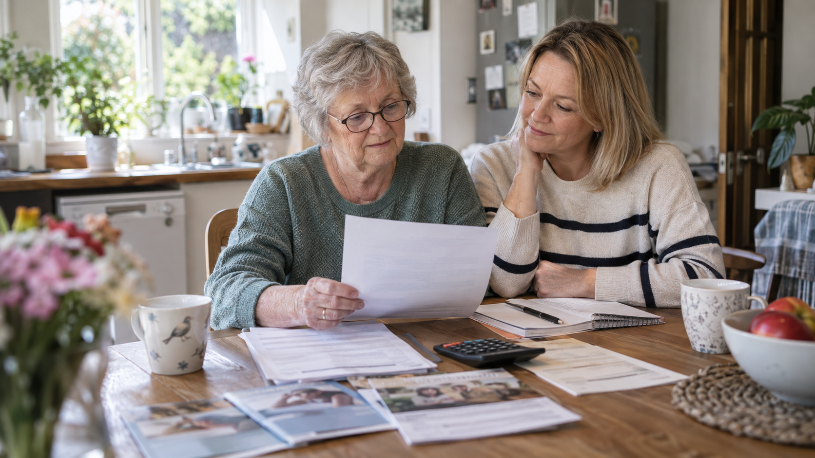 Paperwork, calculator and planning documents on a kitchen table