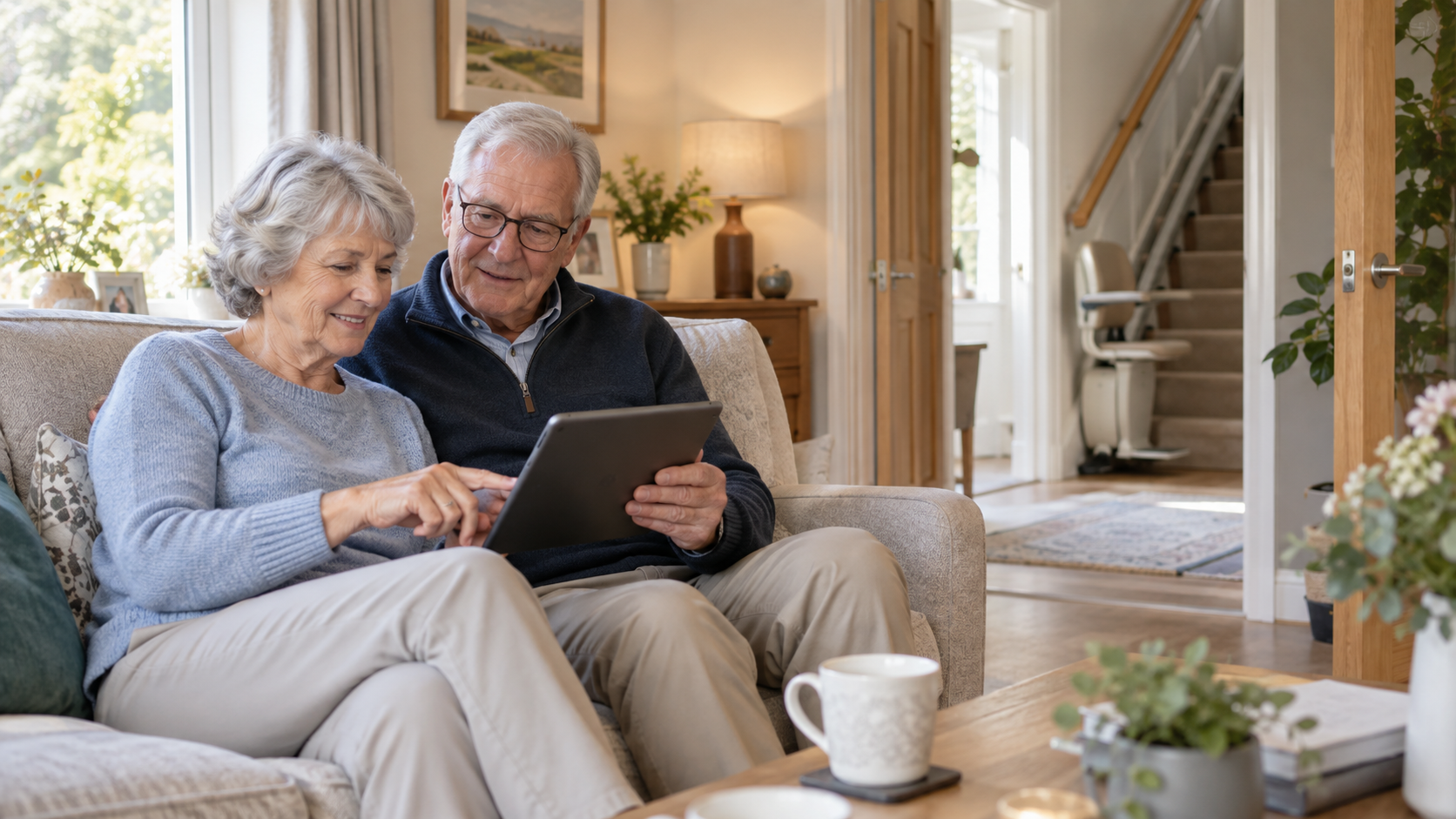 Older couple looking at a tablet while discussing help at home