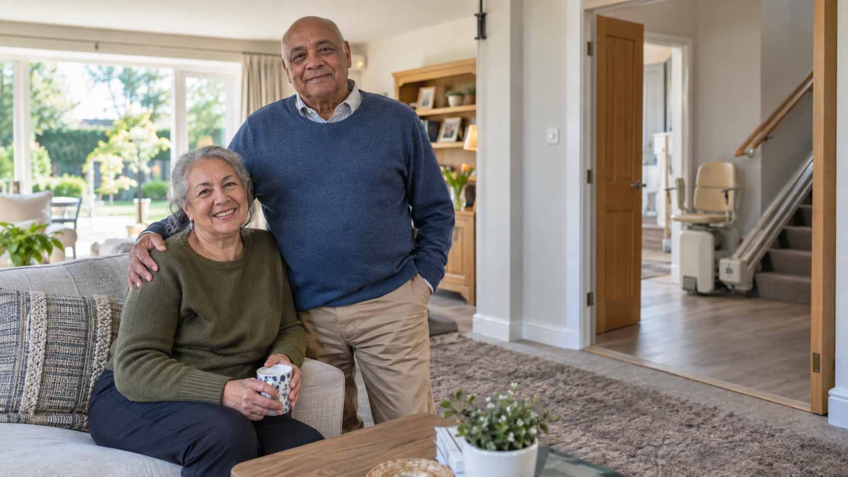 Comfortable adapted home with older couple in the living room