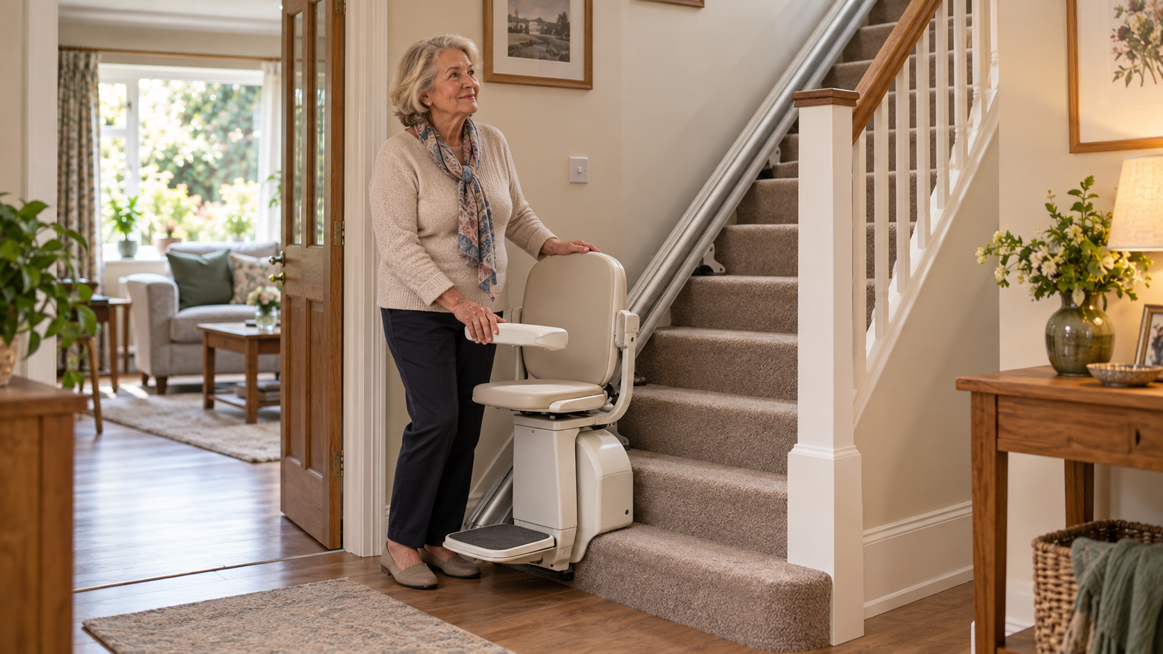Modern stairlift installed on a carpeted staircase
