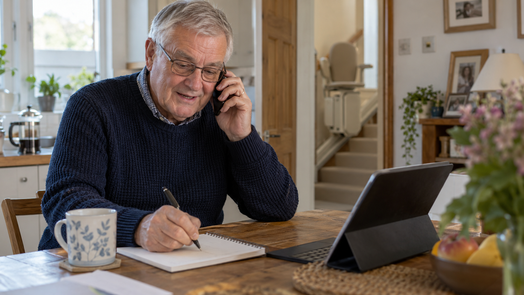 Older man making notes while speaking on the phone at home