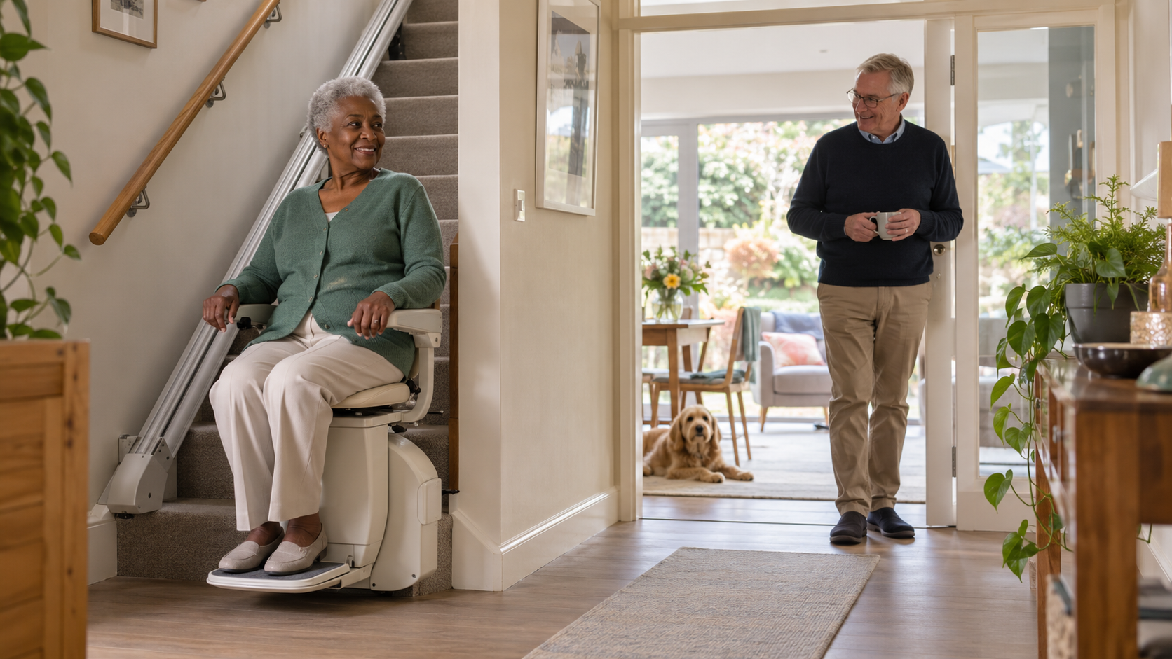 Older woman using a stairlift in a bright accessible home