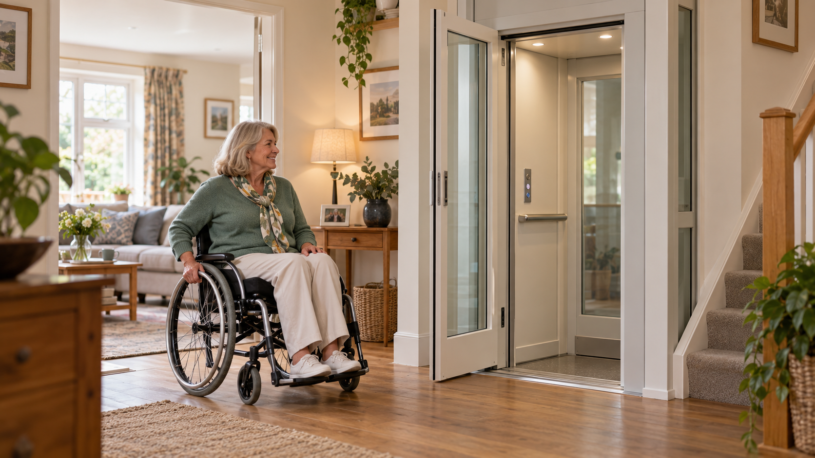 Older woman in a wheelchair beside a compact home lift