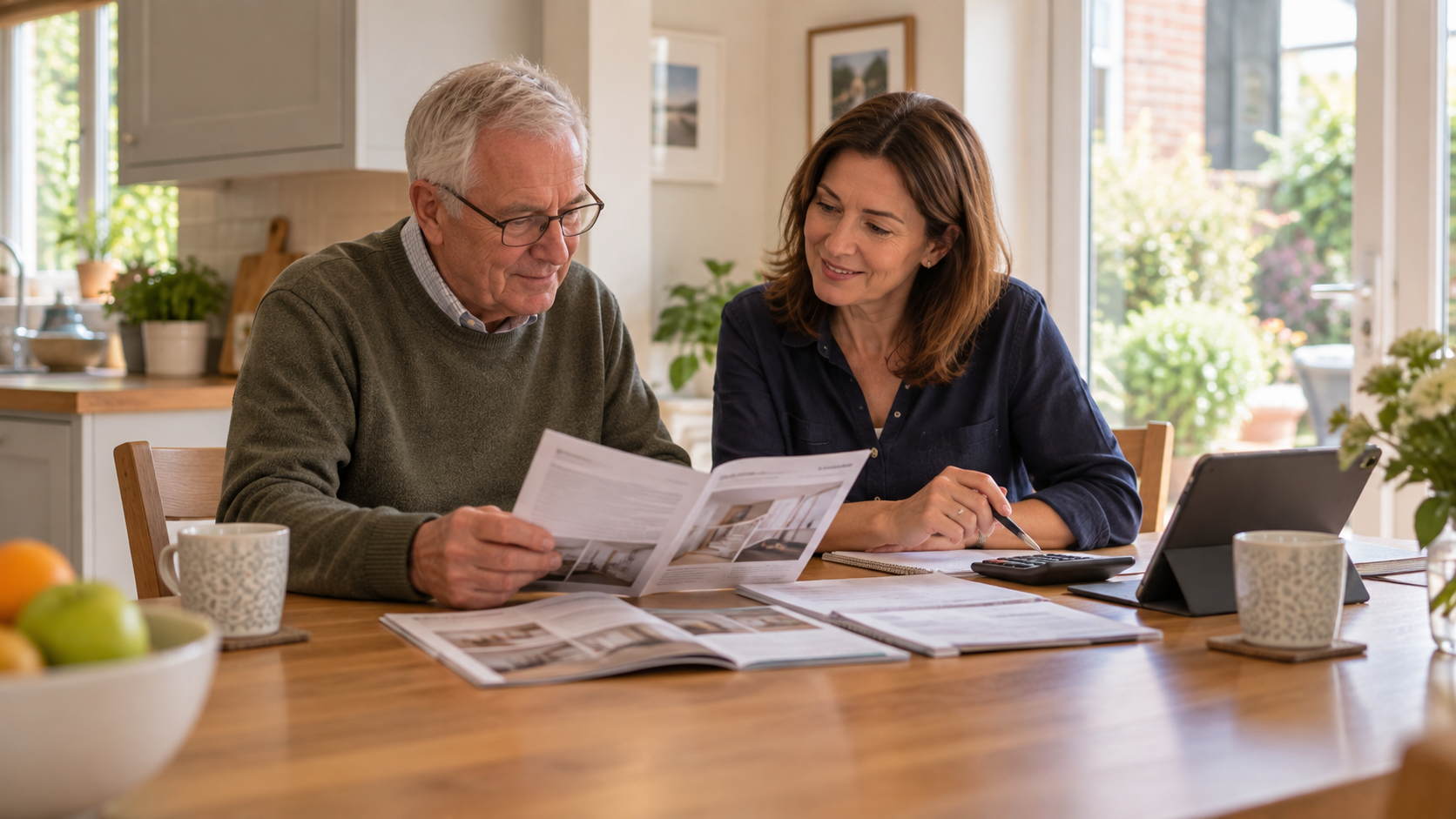 Family members reading practical paperwork at a kitchen table