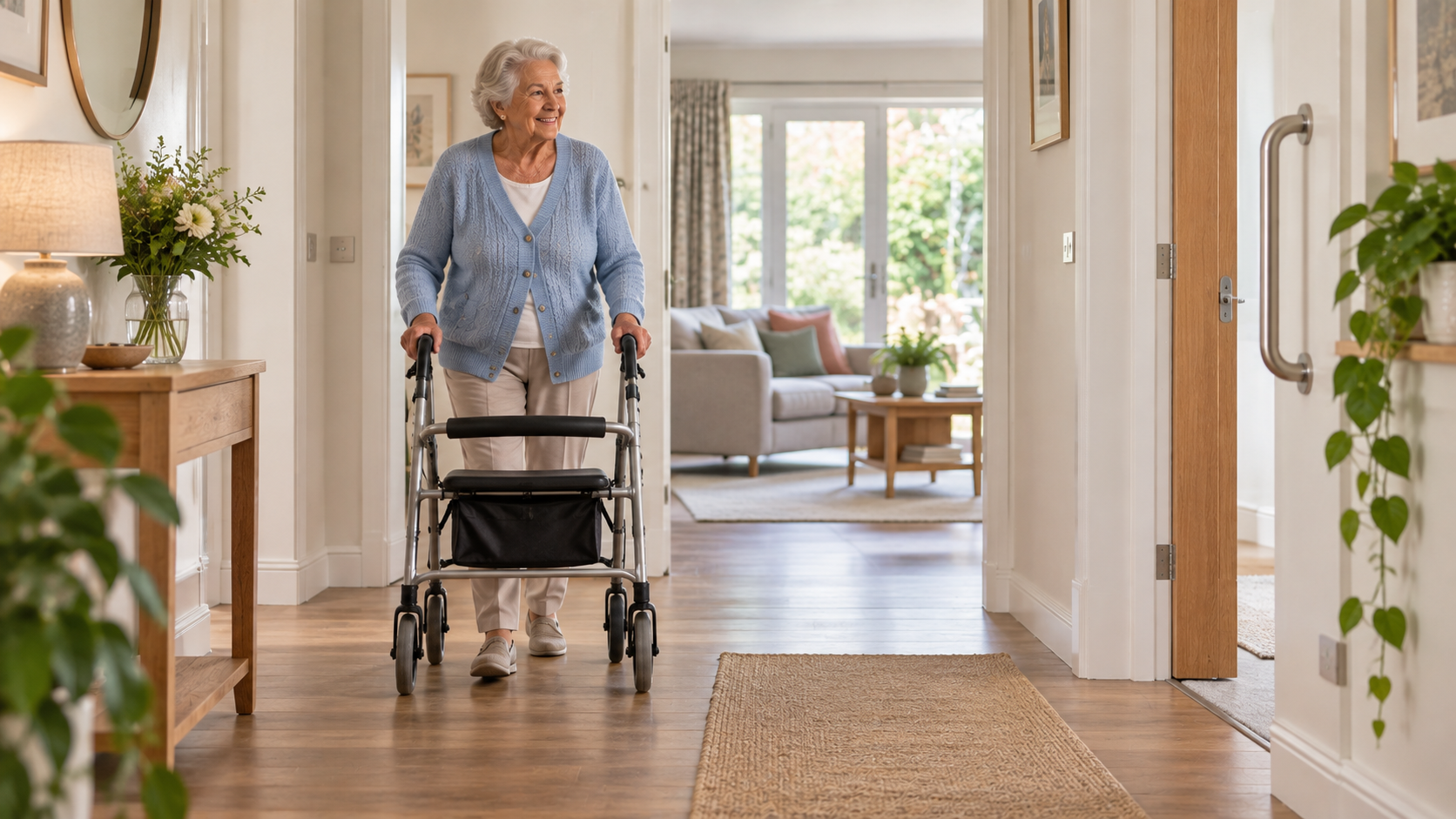 Older woman using a rollator in a bright uncluttered hallway