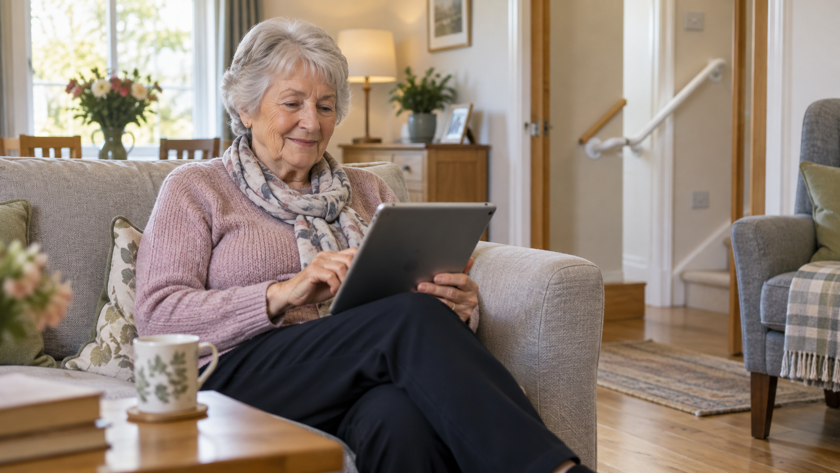 Older woman relaxing at home while using a tablet