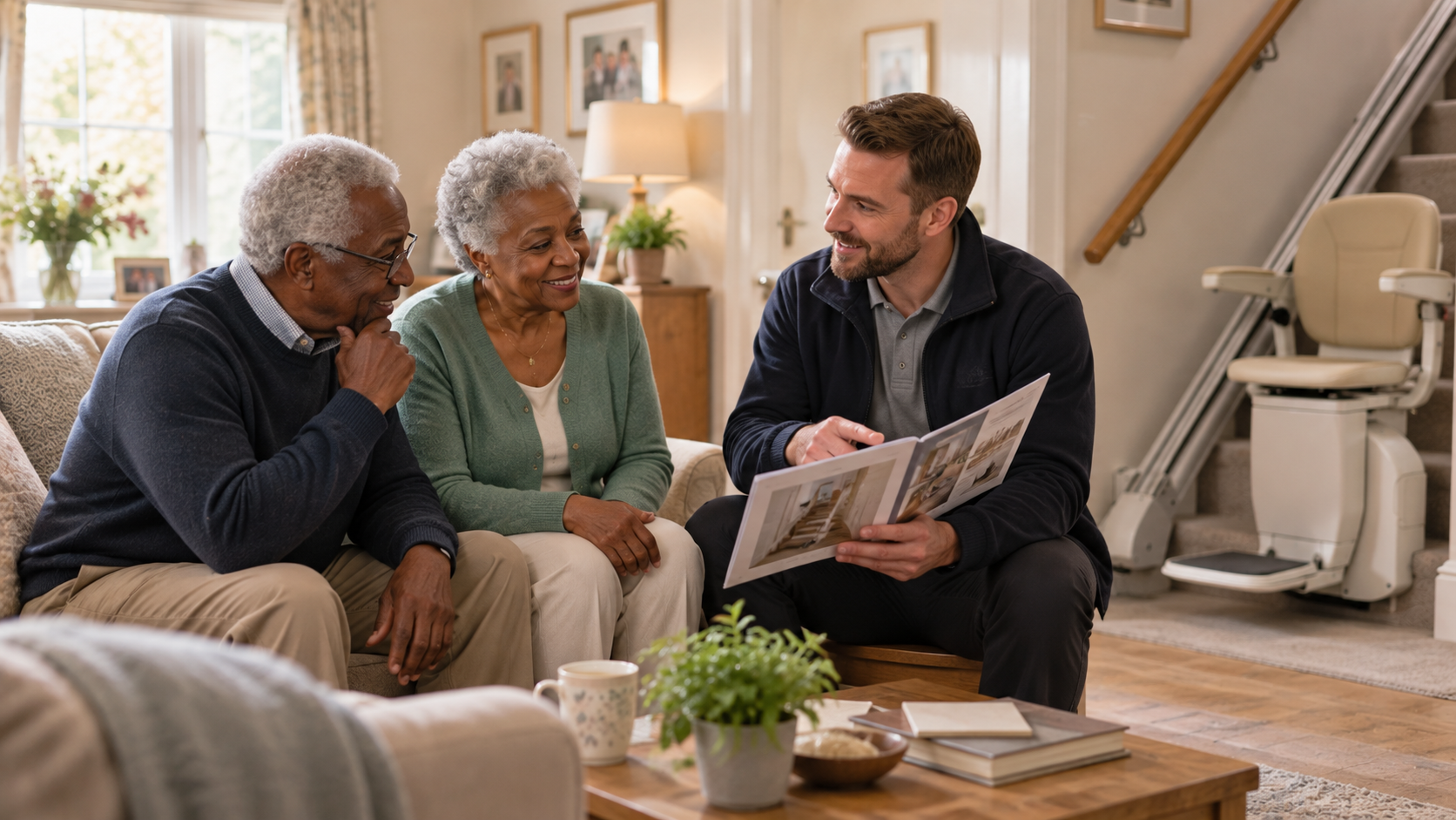 Older couple discussing stairlift options with a friendly adviser at home