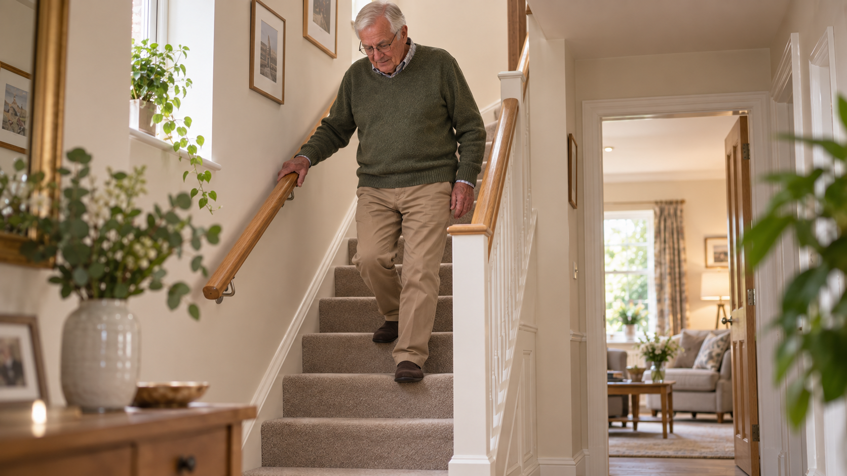 Older man carefully coming downstairs in a comfortable home